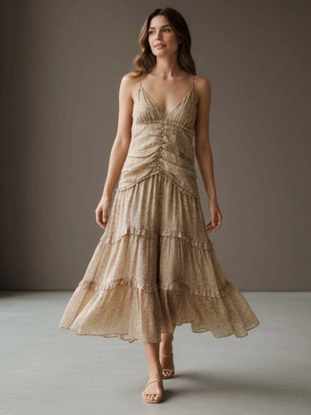 NWT Storia Tan Tiered Midi Floral Dress Plunging V-Neck Spaghetti Straps XL